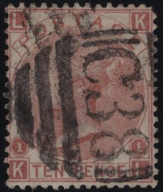 145061 1867 10d PALE RED-BROWN (SG113)(KL) 'C38' MUMERAL OF CALLAO, PERU, USED.