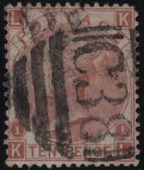 145061 1867 10d PALE RED-BROWN (SG113)(KL) 'C38' MUMERAL OF CALLAO, PERU, USED.