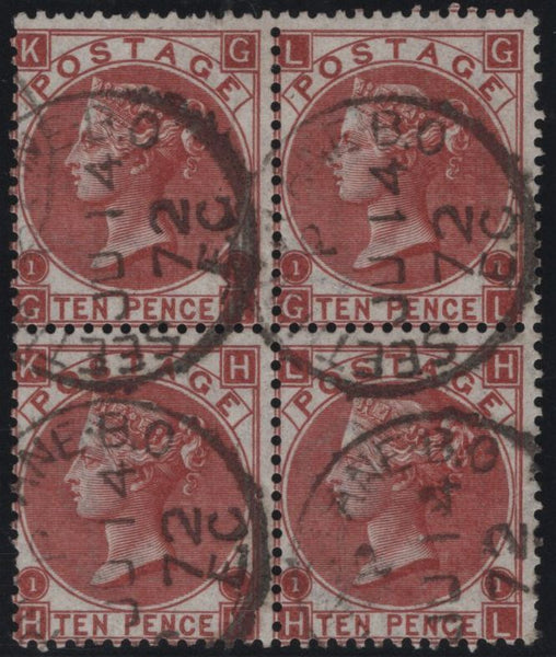 145065 1867 10d DEEP RED-BROWN (SG114) FINE USED  BLOCK OF FOUR.