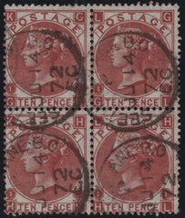 145065 1867 10d DEEP RED-BROWN (SG114) FINE USED  BLOCK OF FOUR.