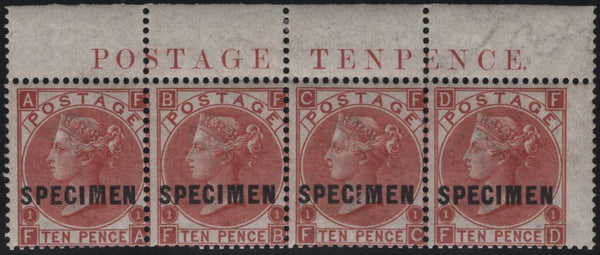145067 1867 10d RED-BROWN (SG112) SUPERB UNUSED TOP MARGINAL STRIP OF FOUR WITH MARGINAL INSCRIPTION AND OVERPRINTED 'SPECIMEN' TYPE 5 (SPEC J97(1)s).
