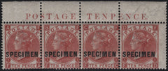 145067 1867 10d RED-BROWN (SG112) SUPERB UNUSED TOP MARGINAL STRIP OF FOUR WITH MARGINAL INSCRIPTION AND OVERPRINTED 'SPECIMEN' TYPE 5 (SPEC J97(1)s).