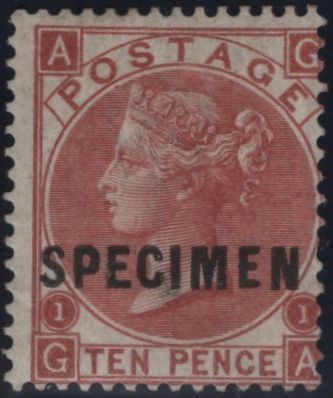 145068 1867 10d RED-BROWN (SG112) GOOD UNUSED OVERPRINTED 'SPECIMEN' TYPE 5 (SPEC J97(1)s).