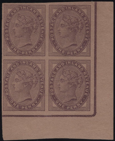 145080 1881 1d LILAC (SG172) GOOD IMPERFORATE CORNER BLOCK OF FOUR PLATE PROOF IN LILAC ON BUFF PAPER.