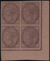 145080 1881 1d LILAC (SG172) GOOD IMPERFORATE CORNER BLOCK OF FOUR PLATE PROOF IN LILAC ON BUFF PAPER.