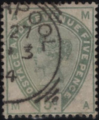145093 1883 5d GREEN (SG193)(MA) 'PARTIAL PLUG FLAW 'A' LOWER RIGHT', GOOD TO FINE USED.