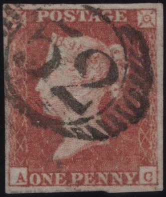 145107 1849 DIE 1 1d PL.92 PALE RED SHADE (SG9)(AC) FINE USED, MISSING IMPRIMATUR LETTERING.