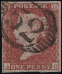 145107 1849 DIE 1 1d PL.92 PALE RED SHADE (SG9)(AC) FINE USED, MISSING IMPRIMATUR LETTERING.