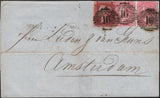 145136 1857 MAIL LONDON TO AMSTERDAM 4d ROSE-CARMINE (SG66) X 2 AND DIE 2 1d PL.45 (SG40).