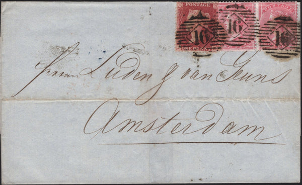 145136 1857 MAIL LONDON TO AMSTERDAM 4d ROSE-CARMINE (SG66) X 2 AND DIE 2 1d PL.45 (SG40).