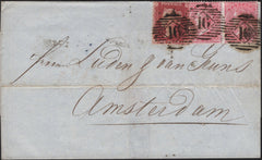 145136 1857 MAIL LONDON TO AMSTERDAM 4d ROSE-CARMINE (SG66) X 2 AND DIE 2 1d PL.45 (SG40).