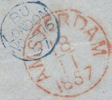 145136 1857 MAIL LONDON TO AMSTERDAM 4d ROSE-CARMINE (SG66) X 2 AND DIE 2 1d PL.45 (SG40).