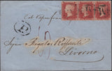 145152 1857 MAIL MALTA TO LIVORNO, ITALY DIE 2 1d PL.44 (SG40) STRIP OF THREE WITH 'M' CANCELLATIONS OF MALTA.