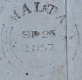 145152 1857 MAIL MALTA TO LIVORNO, ITALY DIE 2 1d PL.44 (SG40) STRIP OF THREE WITH 'M' CANCELLATIONS OF MALTA.