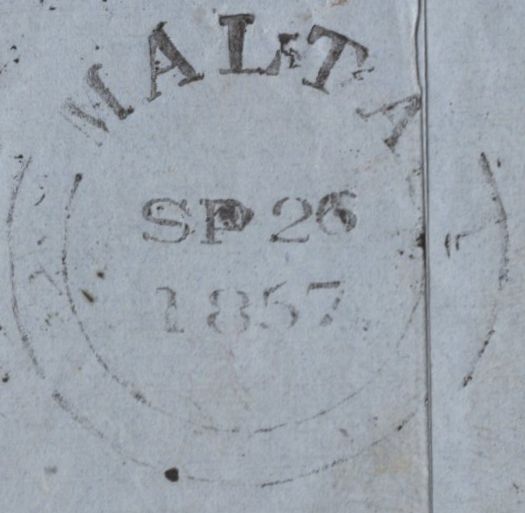 145152 1857 MAIL MALTA TO LIVORNO, ITALY DIE 2 1d PL.44 (SG40) STRIP OF THREE WITH 'M' CANCELLATIONS OF MALTA.