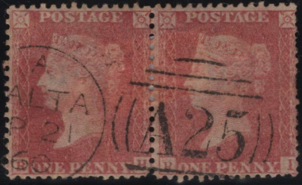 145158 1857 DIE 2 1d pl.42 (SG40) GOOD USED HORIZONTAL PAIR 'MALTA/A25' DUPLEX.