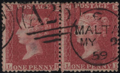 145159 1857 DIE 2 1d PL.43 (SG40) GOOD TO FINE USED HORIZONTAL PAIR 'MALTA/A25' DUPLEX'S.