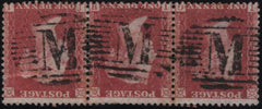 145160 1857  DIE 2 1d PL.47 (SG40) GOOD USED STRIP OF THREE WITH 'M' CANCELLATIONS OF MALTA.