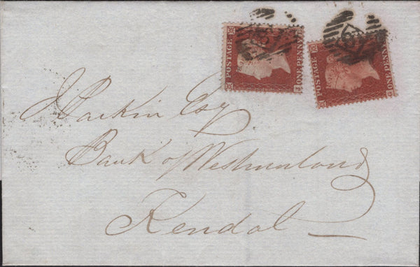 145175 1855 MAIL LONDON TO KENDAL, WESTMORLAND WITH RARE COMBINATION OF THE TWO PENNY RED DIES, DIE 1 PL.194 (SG17) AND DIE 2 PL.6 (SG21).