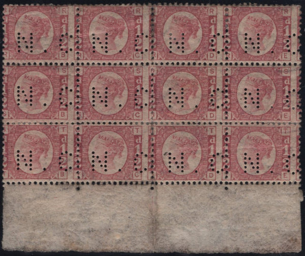 145195 1876 ½d BANTAM PL.14 (SG48) UNUSED LOWER MARGINAL BLOCK OF TWELVE WITH 'N.C' PERFINS.