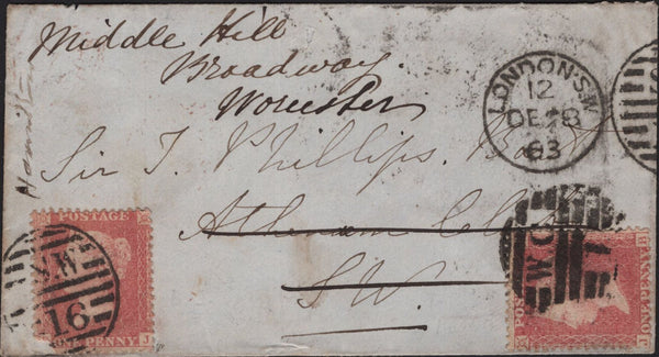 145204 1863 MAIL USED IN LONDON REDIRECTED TO WORCESTER WITH TWO 1d STARS WITH DIFFERENT ALPHABETS III (SG40) AND IV (SG42).