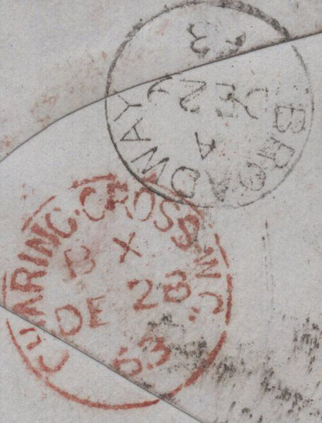 145204 1863 MAIL USED IN LONDON REDIRECTED TO WORCESTER WITH TWO 1d STARS WITH DIFFERENT ALPHABETS III (SG40) AND IV (SG42).