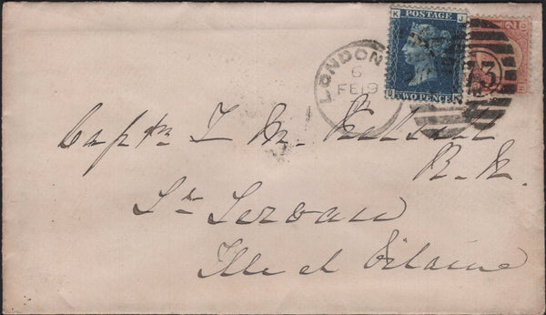 145207 1877  MAIL LONDON TO FRANCE 2d BLUE PL.15 (SG46) ½d pl.10 (SG48).