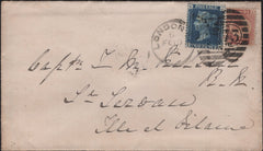 145207 1877  MAIL LONDON TO FRANCE 2d BLUE PL.15 (SG46) ½d pl.10 (SG48).