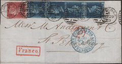 145209 1867 MAIL LONDON TO ST PETERSBURG 2d BLUE PL.9 (SG45) x FOUR AND 1d PL.100 (SG43).