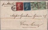 145210 1861 THREE COLOUR COMBINATION COVER LONDON TO VERA CRUZ, MEXICO 1d (SG40), 2d PL.9 (SG45) AND 1s PALE GREEN (SG73) x 2.