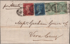 145210 1861 THREE COLOUR COMBINATION COVER LONDON TO VERA CRUZ, MEXICO 1d (SG40), 2d PL.9 (SG45) AND 1s PALE GREEN (SG73) x 2.