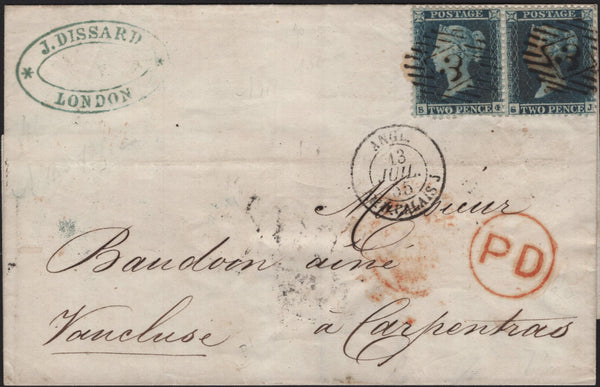 145212 1855 MAIL LONDON TO CARPENTRAS, VAUCLUSE, FRANCE PAIR 2d BLUE PL.4 S.C.14 (SG23).