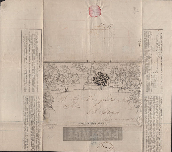 145247 1844 1d MULREADY WRAPPER STEREO A47 LONDON TO ST. IVES CORNWALL No. '2' IN MALTESE CROSS (SPEC ME1wb) 'ATLAS ASSURANCE COMPANY' ADVERT (MA103i), FINE USED.