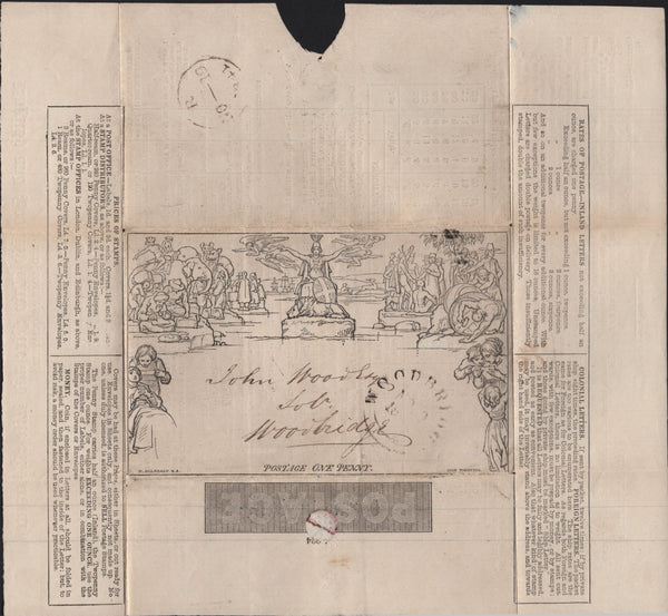 145248 1841 1d MULREADY WRAPPER STEREO A224 LONDON TO WOODBRIDGE, SUFFOLK SOLELY CANCELLED 'WOODBRIDGE' DATE STAMP WELL CLEAR OF BRITANNIA AND WITHIN FINE 'ENGLISH AND SCOTTISH LAW FIRE AND LIFE ASSURANCE ADVERT (MA123a).