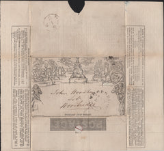 145248 1841 1d MULREADY WRAPPER STEREO A224 LONDON TO WOODBRIDGE, SUFFOLK SOLELY CANCELLED 'WOODBRIDGE' DATE STAMP WELL CLEAR OF BRITANNIA AND WITHIN FINE 'ENGLISH AND SCOTTISH LAW FIRE AND LIFE ASSURANCE ADVERT (MA123a).