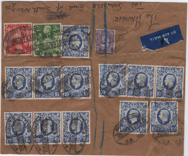 145251 CIRCA 1949 PART PARCEL WRAPPER AIRMAIL LONDON TO AUSTRALIA? KGVI 10s ULTRAMARINE (SG478b)  x 12 ALSO 2/6 YELLOW-GREEN (SG476b) AND 5s RED (SG477).
