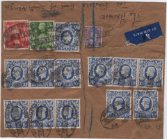 145251 CIRCA 1949 PART PARCEL WRAPPER AIRMAIL LONDON TO AUSTRALIA? KGVI 10s ULTRAMARINE (SG478b)  x 12 ALSO 2/6 YELLOW-GREEN (SG476b) AND 5s RED (SG477).