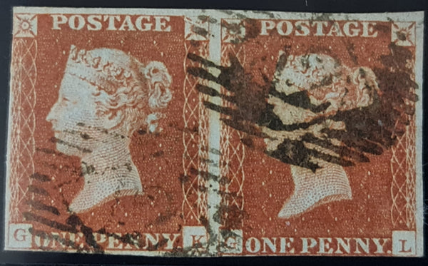 150067 1845 1D PL.58 PAIR (SG8)(GK/GL) MISSING IMPRIMATUR LETTERING (BOTH) GOOD USED.