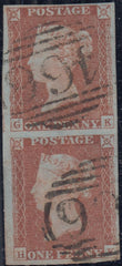 150481 1846 1D PL.67 (SG8)(GK HK) FINE TO VERY FINE USED VERTICAL PAIR, BOTH MISSING IMPRIMATUR LETTERING.