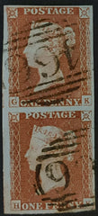 150481 1846 1D PL.67 (SG8)(GK HK) FINE TO VERY FINE USED VERTICAL PAIR, BOTH MISSING IMPRIMATUR LETTERING.