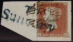 150656 c1851 PIECE 1D PL.118 (SG8)(JG) CANCELLED BLACK NUMERAL AND PART 'T.P/Sunbury' RECEIVERS HAND STAMP IN BLUE.