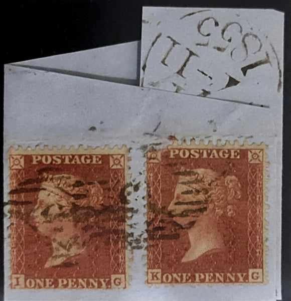 150677 1855 DIE 2 1D PL.7 S.C.14(SG24)(IG/KG) TWO EXAMPLES ON SMALL PIECE.