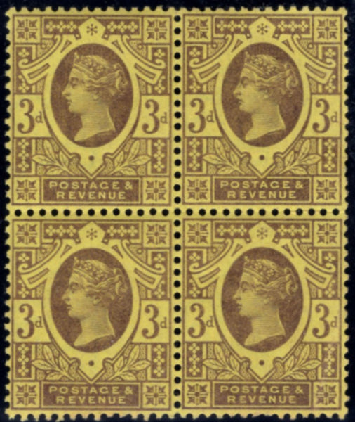 20344 1887 3D PURPLE/YELLOW (SG202) MINT BLOCK OF FOUR.