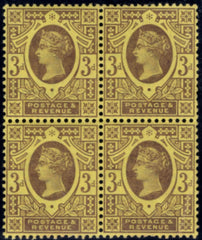 20344 1887 3D PURPLE/YELLOW (SG202) MINT BLOCK OF FOUR.