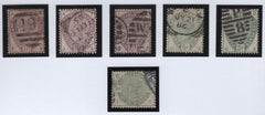 41970 1883/4 LILAC AND GREEN ISSUE WITH 'PLUG' FLAWS, SIX DIFFERENT USED EXAMPLES.
