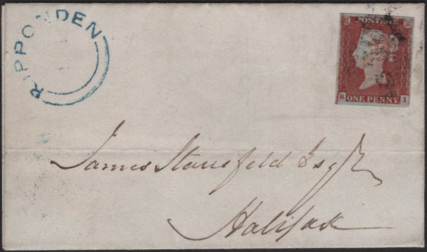 50239 - YORKS/RIPPONDEN UDC IN BLUE/PLATE 66 'RI' RE-ENTRY (SG8). 1847 letter from Ripponden, Yo...