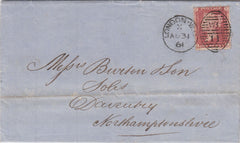 84023 1861 DIE 2 1D PL.65 (SG40)(IL) USED ON COVER LONDON TO DAVENTRY.