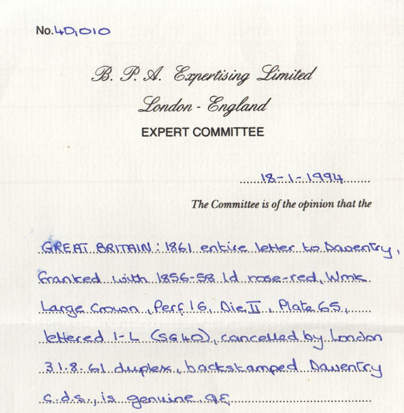 84023 1861 DIE 2 1D PL.65 (SG40)(IL) USED ON COVER LONDON TO DAVENTRY.