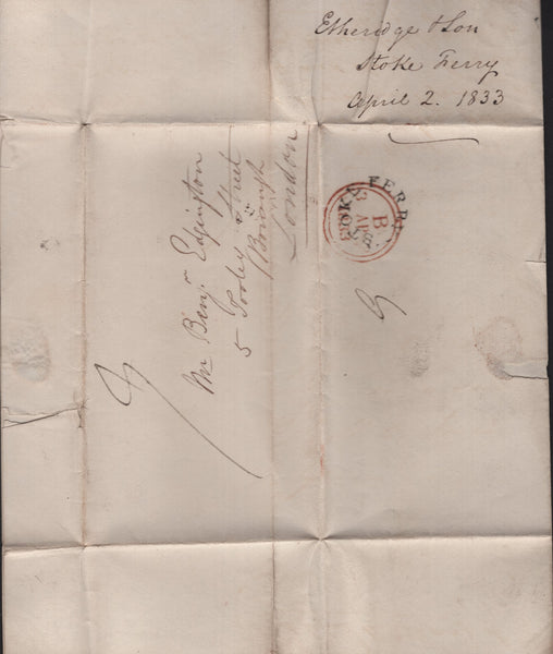 86839 - NORFOLK. 1833 letter Stoke Ferry to London. On rev...