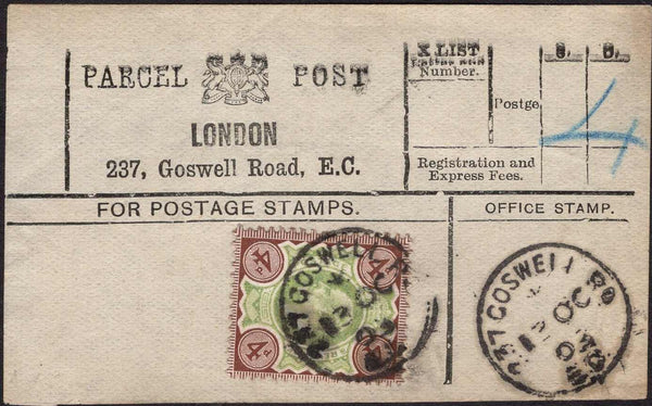 87418 - 1903 LONDON PARCEL POST LABEL. 1903 label 'LONDON 237, Goswell ...
